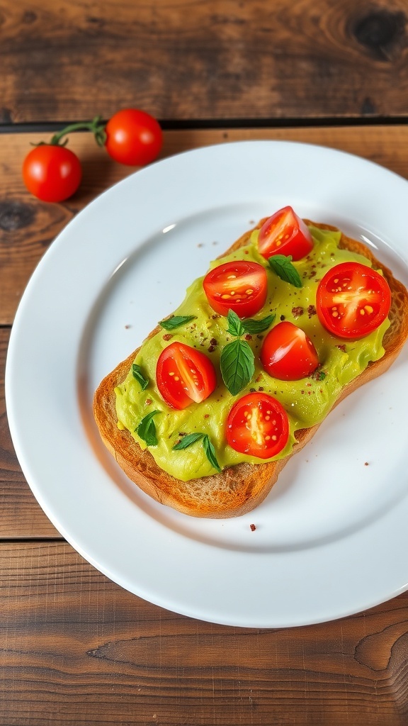 Avocado toast topped with cherry tomatoes and herbs on a rustic table.